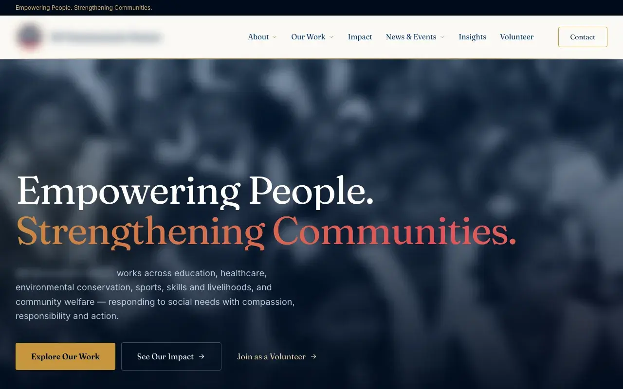 Home page of a website for a charitable trust, with the organisation's name and logo blurred