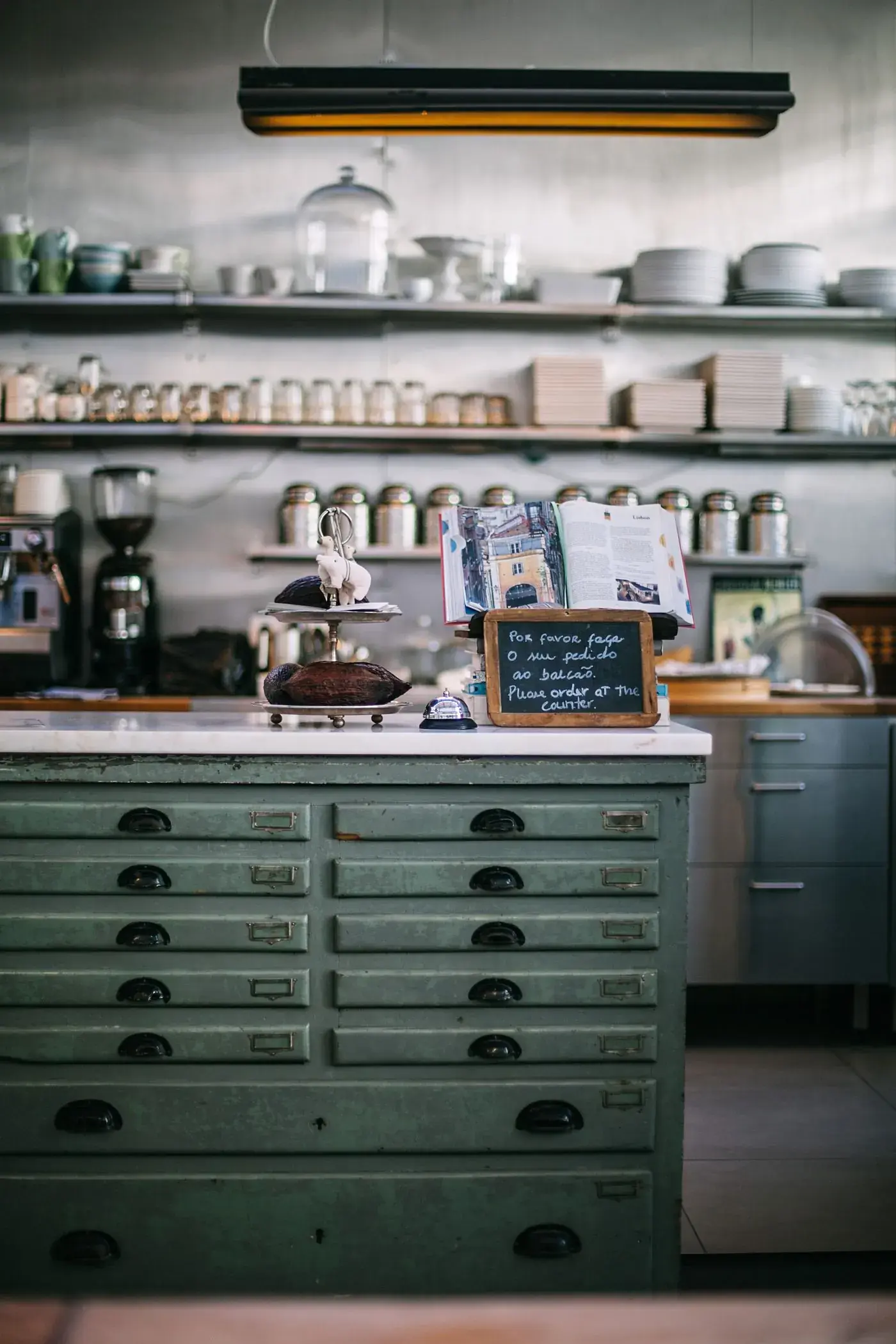 The café counter and shelves